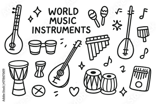 Global Music Instruments. Hand-drawn doodle illustration World music instruments [sitar, bongos, maracas, shamisen, pan flute, oud, djembe, tabla, guzheng,