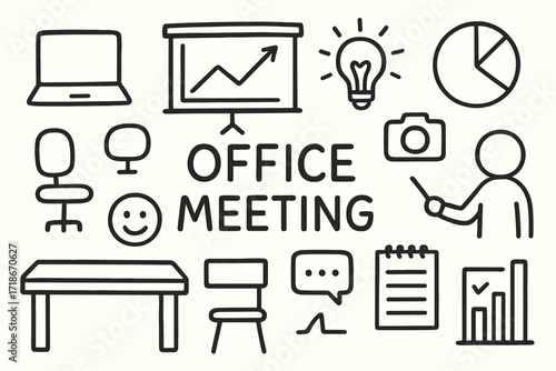 Office Meeting Doodles. Hand-drawn doodle illustration Office meeting with presentation screen, laptop, chair, presenter icon, chart, pointer, camera icon,