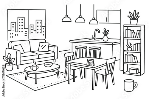 Open Floor Doodle. Hand-drawn doodle illustration [living area with open floor plan] [sofa, dining table, chairs, kitchen island, window, bookshelf, pendant