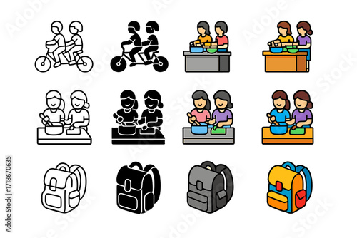 Growing Up Icon Set. Icon Set of Growing up siblings: sibling bike ride, cooking together, school backpacks. Icons set in vector style, emblematic variations.