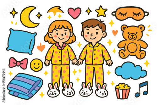 Pajama Party Fun. Colorful Hand-drawn doodle Children illustration Pajama party matching pajamas, bunny slippers, pillow, moon, heart, star, smiley face,