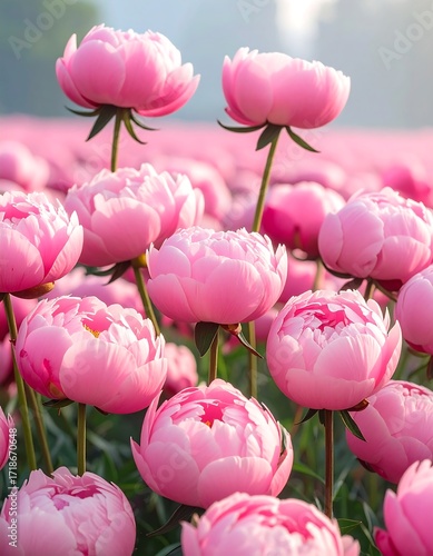 Fototapeta Naklejka Na Ścianę i Meble -  Pink peonies bloom in a field at sunrise