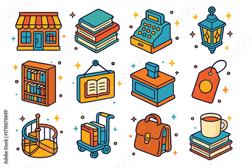 Vintage Bookstore Icons. Colorful isometric vector icons set of vintage bookstores: storefront facade, book piles, cash register, hanging lantern, wooden