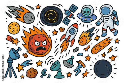 Outer Space Doodle. Colorful Hand-drawn doodle Children illustration Hidden threat in outer space asteroid, comet, black hole, alien spaceship, satellite,