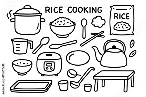 Rice Cooking Doodles. Hand-drawn doodle illustration Rice Cooking [pot, rice bowl, chopsticks, spoon, plate, steam cloud, bag of rice, grain, measuring cup,