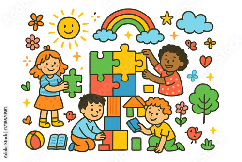 Joyful Puzzle Building. Colorful Hand-drawn doodle Children illustration Building Together puzzle pieces, blocks, rainbow, sun, star, smiling kids, sparkles,
