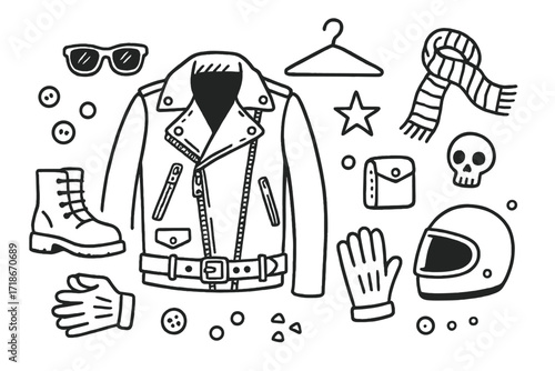 Leather Jacket Doodle. Hand-drawn doodle illustration Leather jacket [leather jacket, zipper, collar, belt, boots, gloves, sunglasses, hanger, buttons, scarf,