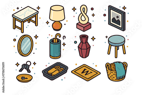 Modern Entryway Icon Set. Colorful isometric vector icons set of modern entryway styling: marble-topped table, designer table lamp, abstract sculpture,