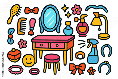 Children's Dressing Table Doodles. Colorful Hand-drawn doodle Children illustration Dressing table set brush, comb, mirror, perfume, ribbon, flower clip,