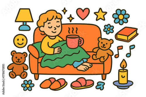 Cozy Doodle Bliss. Colorful Hand-drawn doodle Children illustration Relaxing time sofa, pillow, blanket, cup of cocoa, slippers, lamp, heart, sparkles, star,