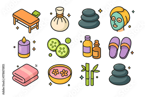 Vibrant Spa Icons. Colorful isometric vector icons set of spa wellness: massage table, herbal compress, hot stones, facial mask, spa candle, cucumber slices,