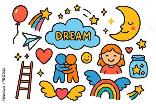 Dreamland Doodle Delight. Colorful Hand-drawn doodle Children illustration Uplifting dreams dream cloud, star trail, moon with smile, paper plane, heart,