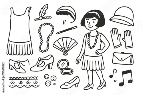 1920s Flapper Icons. Hand-drawn doodle illustration 1920s flapper fashion [flapper dress, feather headband, pearls, T-strap shoes, cigarette holder, bob