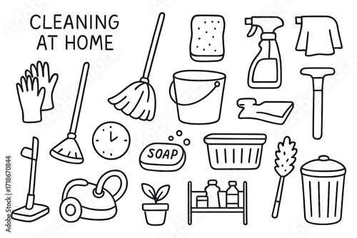 Home Cleaning Tools. Hand-drawn doodle illustration Cleaning at home [broom, mop, bucket, sponge, spray bottle, cloth, vacuum, soap, basket, trash can, shelf,