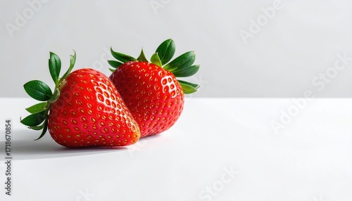 Close Up of Two Vibrant Red Strawberries on a White Surface with Soft Lighting and Green Leaves Emphasizing Freshness and Natural Sweetness