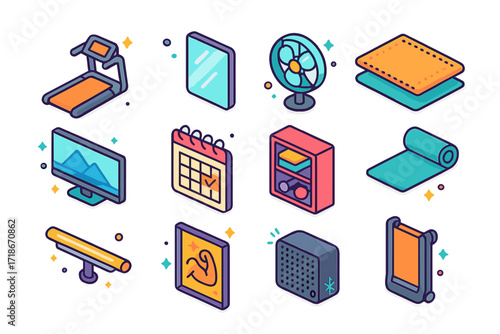 Home Gym Essentials. Colorful isometric vector icons set of home treadmill setup: compact treadmill, wall mirror, fan, foam mat, mounted TV screen, workout