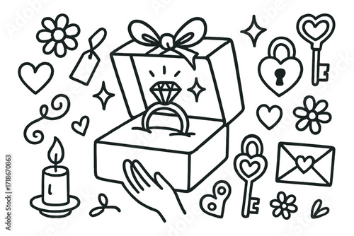 Doodle Precious Ring. Hand-drawn doodle illustration Precious ring in gift box [ring, jewelry box, heart, flower, sparkle, star, ribbon, bow, swirl, envelope,