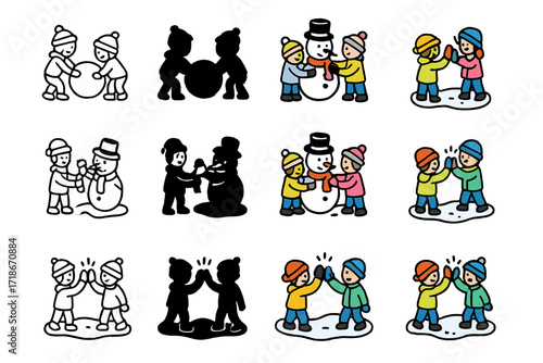 Snow Fun Icon Set. Icon Set of Friends building snowman: two kids lifting snowball, friends adding scarf, high five in snow. Icons set in vector style,