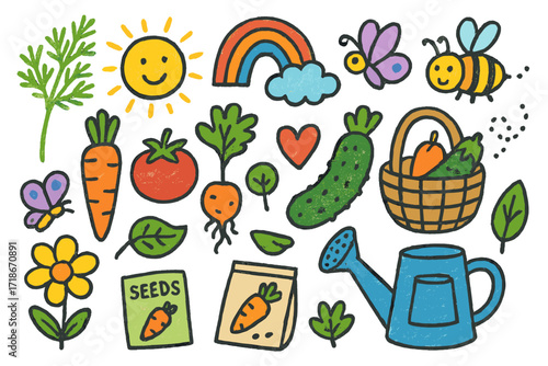 Colorful Garden Doodles. Colorful Hand-drawn doodle Children illustration Dill and Vegetables [dill sprig, carrot, tomato, cucumber, basket, flower, sun,