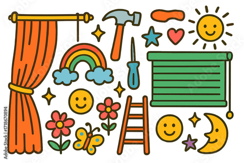 Colorful Doodle Tools. Colorful Hand-drawn doodle Children illustration Curtain and Blind Tools hammer, screwdriver, ladder, curtain rod, blinds, rainbow,