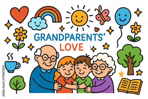 Grandparents' Love Celebration. Colorful Hand-drawn doodle Children illustration Grandparents? Love grandparents, children hugging, rainbow, sun, heart,