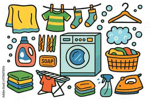 Laundry Day Doodles. Colorful Hand-drawn doodle Children illustration Laundry Day towel, washing machine, laundry basket, detergent, clothespins, clothesline,
