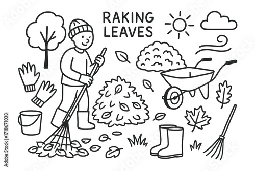 Raking Leaves Doodle. Hand-drawn doodle illustration Raking leaves [rake, leaf pile, wheelbarrow, gloves, boots, hat, bucket, oak leaf, maple leaf, tree, sun,