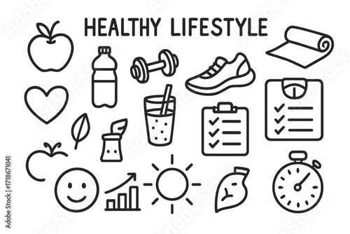Healthy Living Doodles. Hand-drawn doodle illustration Healthy lifestyle habits [apple, water bottle, dumbbell, yoga mat, running shoe, stopwatch, heart, leaf,