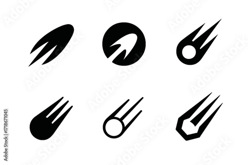 Meteor Logo Variations. Streak. Set Logo of streak: meteor streak. harmonious logo variations of the same emblematic concept, each with different artistic