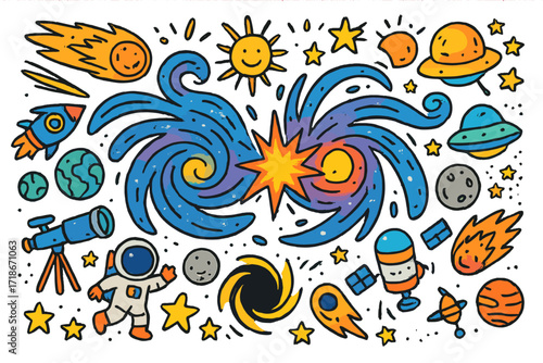 Galactic Doodle Adventure. Colorful Hand-drawn doodle Children illustration Colliding galaxies [two galaxy spirals, starburst, comet, rocket, telescope,
