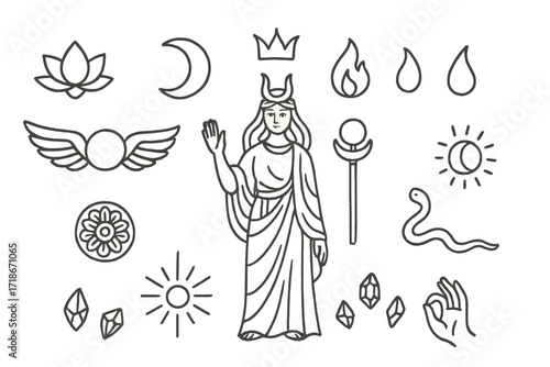 Divine Symbol Doodle. Hand-drawn doodle illustration Goddess symbolism lotus, crescent moon, third eye, flame, water droplet, wings, sun disc, staff, crown,
