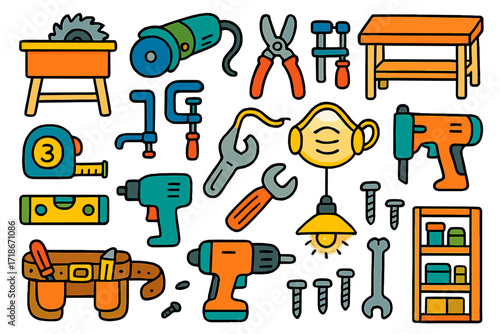 Workshop Tools Doodle. Colorful Hand-drawn doodle Children illustration Workshop tools table saw, angle grinder, pliers, workbench, measuring tape, clamps,