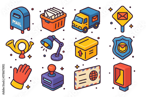 Colorful Postal Icons. Colorful isometric vector icons set of Postal Service Elements: mailbox, sorting bin, delivery truck icon, mail route sign, postal horn
