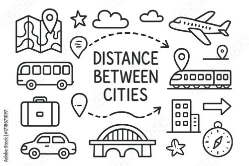City Connection Doodles. Hand-drawn doodle illustration Distance between cities [map, gps pin, road, train, airplane, bus, car, bridge, suitcase, clock, star,