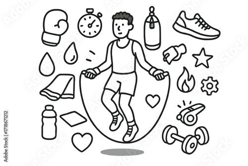 Athlete Doodle Icons. Hand-drawn doodle illustration Professional athletes skipping rope [jump rope, boxing glove, punching bag, sneakers, stopwatch, sweat