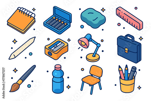 Artist Essentials Icons. Artist essentials. Colorful isometric vector icons set of artist essentials: sketchbook, graphite pencils set, kneaded eraser, ruler,