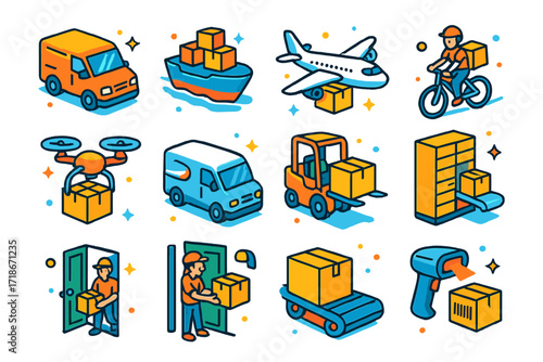 Colorful Delivery Icons. Colorful isometric vector icons set of shipping and delivery methods: delivery van, cargo ship, airplane with parcels, bicycle