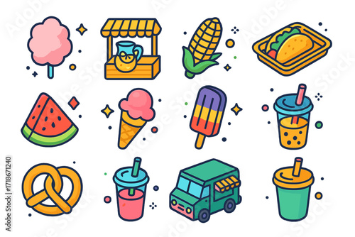 Festival Food Icons. Colorful isometric vector icons set of festival food and drink fun: cotton candy, lemonade stand, grilled corn, taco tray, watermelon