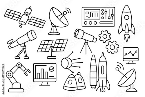 Space Technology Doodles. Space technology. Hand-drawn doodle illustration space technology satellite, antenna, control panel, telescope, rocket, gears, solar