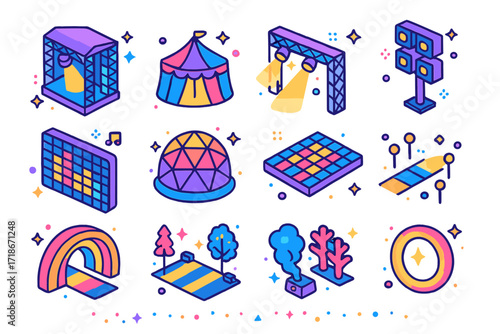 Festival Dance Lighting Icons. Colorful isometric vector icons set of Festival Dance Lighting: main stage beam, tent glow, open-air rig, tower lights, LED