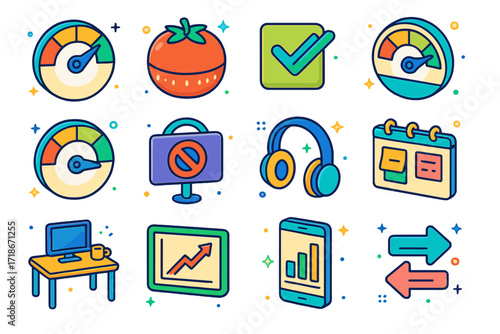 Isometric Productivity Icons. Colorful isometric vector icons set of productivity and flow: productivity meter, Pomodoro timer, completed task checkbox,