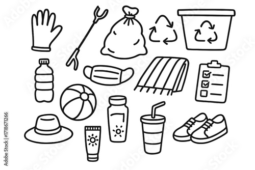 Beach Cleanup Icons. Hand-drawn doodle illustration beach cleanup volunteer glove, trash picker, garbage bag, recycle symbol, sorting bin, water bottle, face