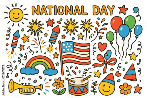 Colorful National Day Celebration. Colorful Hand-drawn doodle Children illustration national day fireworks flag, fireworks, balloons, star, heart, ribbon,