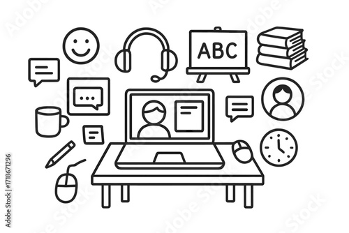 Virtual Classroom Icons. Hand-drawn doodle illustration Virtual classroom video call icon, laptop, headphones, chalkboard, book stack, smiley face, chat