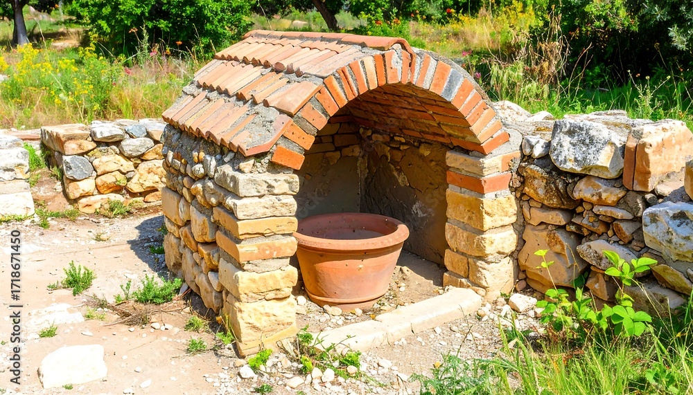 Naklejka premium Ancient stone structure with terracotta pot