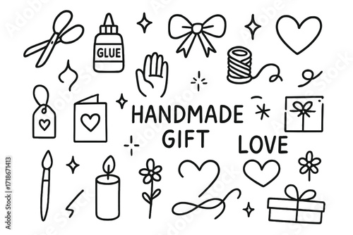 Crafting Essentials Icons. Hand-drawn doodle illustration Handmade gift love [scissors, glue bottle, ribbon, heart, thread spool, yarn, paintbrush, card, gift