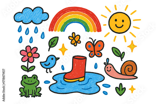Whimsical Rainy Day. After the rain. Colorful Hand-drawn doodle Children illustration puddle, rainbow, sun, cloud, raindrop, flower, butterfly, bird, frog,