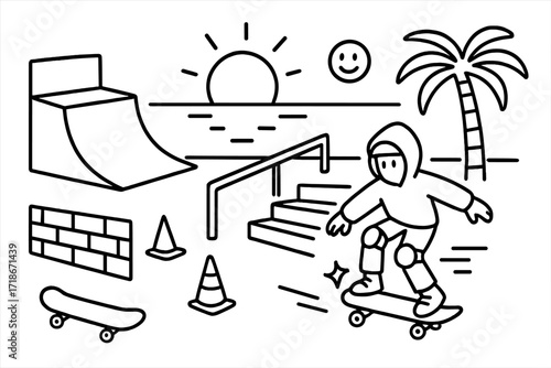 Skatepark Sunset Doodle. Hand-drawn doodle illustration Skatepark at sunset ramp, skateboard, railing, stairs, sun icon, horizon line, smiley face, skater,