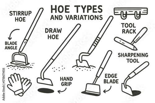 Hoe Types Doodle. Hand-drawn doodle illustration Hoe types and variations stirrup hoe, draw hoe, scuffle hoe, long handle, short handle, edge blade, soil