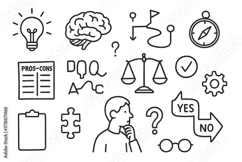 Decision-Making Symbols. Hand-drawn doodle illustration decision-making clarity lightbulb, brain, decision tree, path, compass, scale, pros-cons list, question